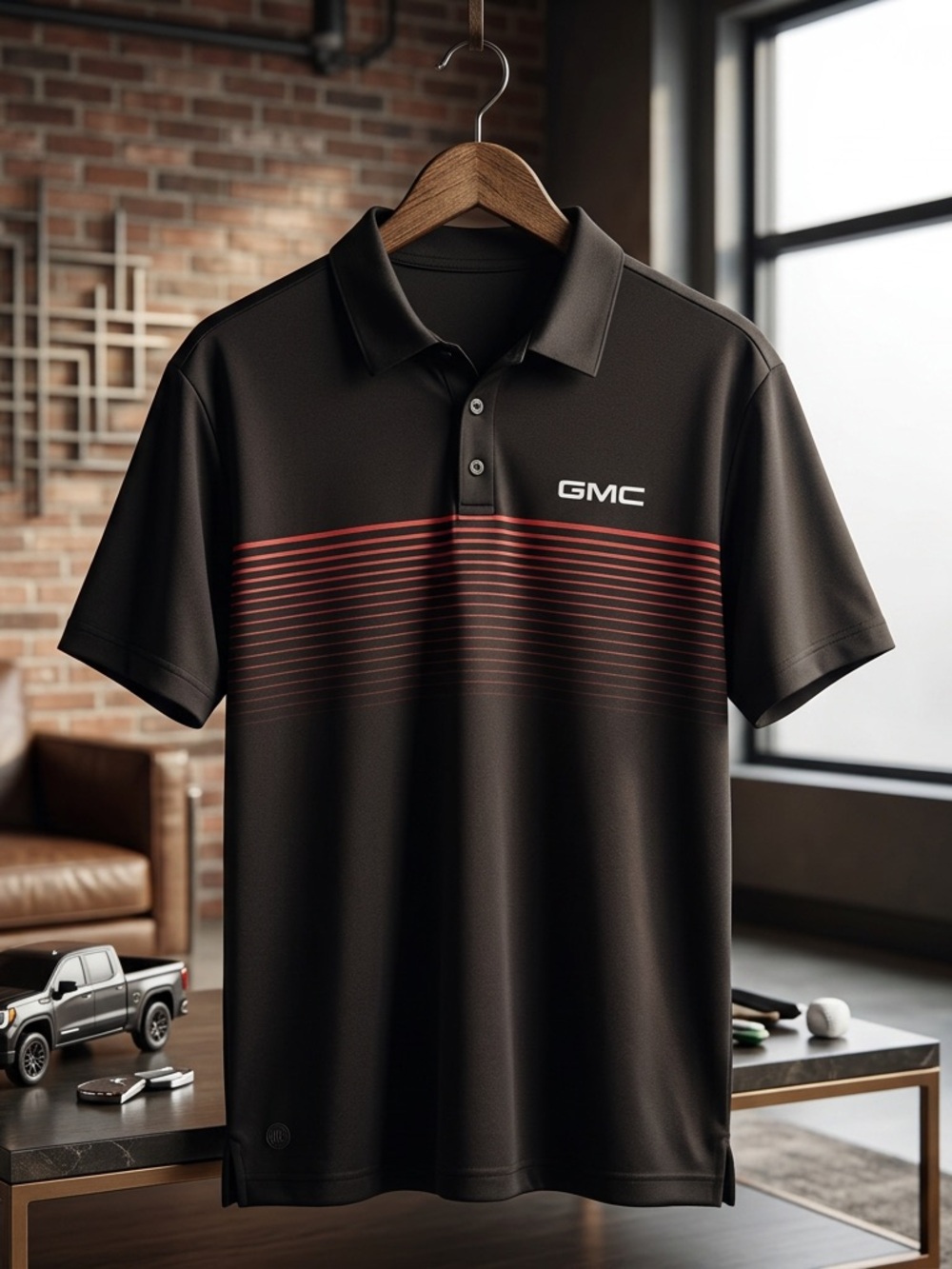 Stormtech Black Polo with Red Stripes and GMC logo. Size XL
